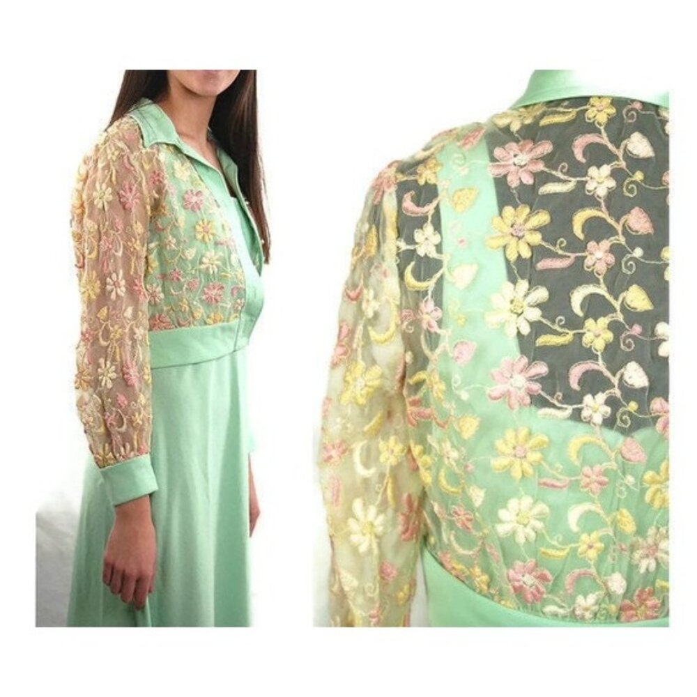 1970s maxi dress with embroidered jacket mint green Size M/L